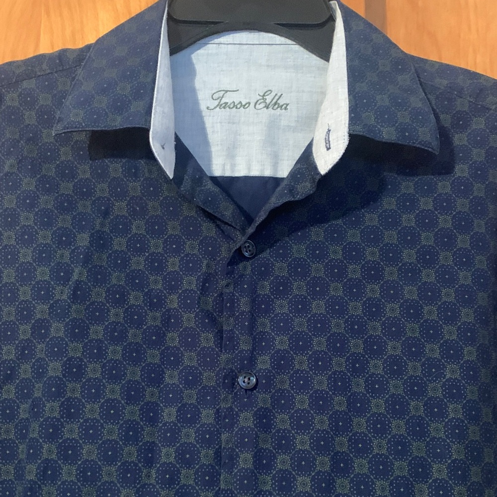 Tasso Elba 100% Supima Cotton Men's Navy Blue Geometric Dress Shirt Sz M
